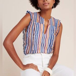 Anthropologie Maeve Elisabetta Ruffled Blouse Sheer Stripe Sleeveless Women's 4P